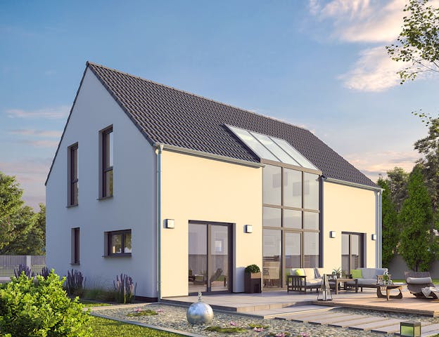 Modernes Fertighaus als Massivhaus mit Systemwandelementen aus Porenbeton sowie einem vorproduzierten Dach aus massiven Porenbetonplatten von hebelHAUS