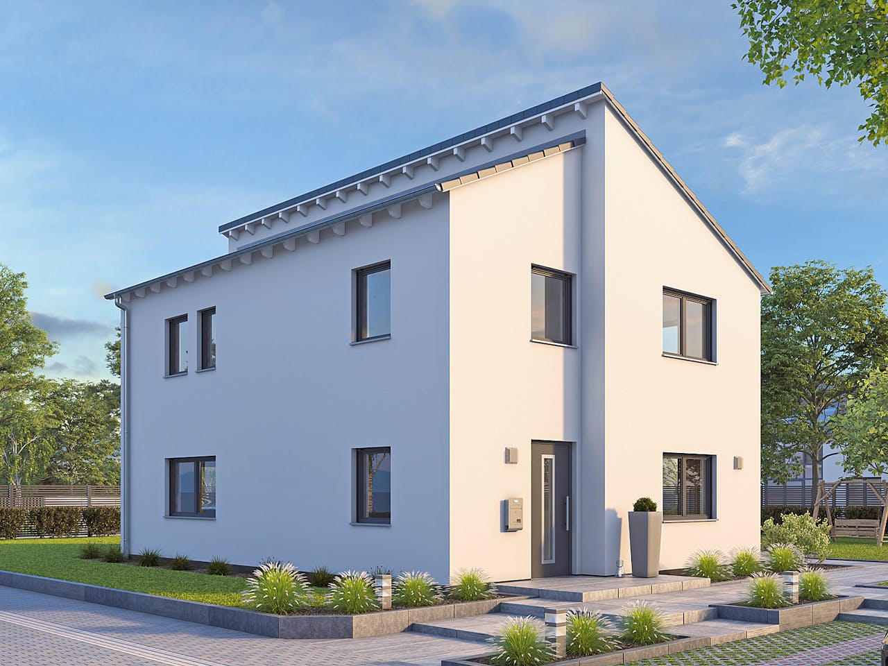 Massivhaus EFH Stadtvilla 141 von hebelHAUS, Pultdachhaus Außenansicht 1