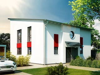 Massivhaus Stadtvilla 24.71 von hebelHAUS, Pultdachhaus Außenansicht 1