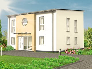 Massivhaus Stadtvilla 24.71 von hebelHAUS, Pultdachhaus Außenansicht 2