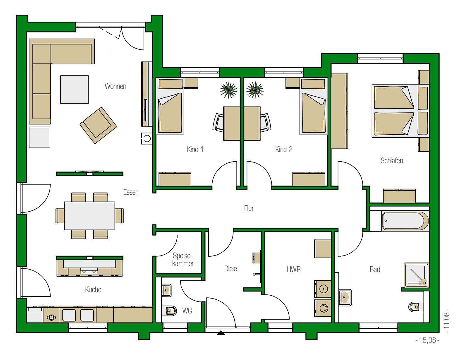 Massivhaus Bozen von HELMA MASSIVHAUS Schlüsselfertig ab 337550€, Bungalow Grundriss 1
