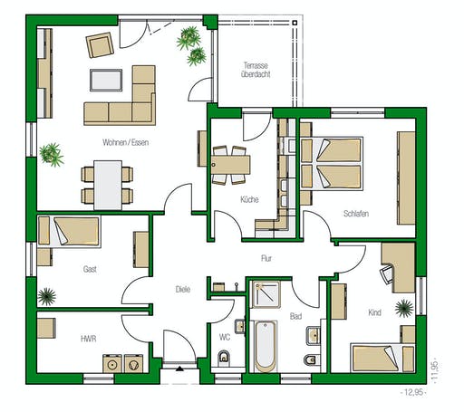 Massivhaus Freiburg von HELMA MASSIVHAUS Schlüsselfertig ab 311700€, Bungalow Grundriss 1
