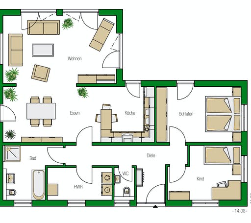 Massivhaus Kopenhagen von HELMA MASSIVHAUS Schlüsselfertig ab 295700€, Bungalow Grundriss 1