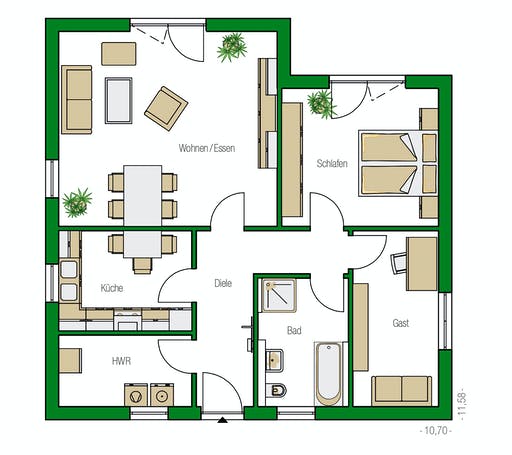 Massivhaus Rostock von HELMA MASSIVHAUS Schlüsselfertig ab 231350€, Bungalow Grundriss 1