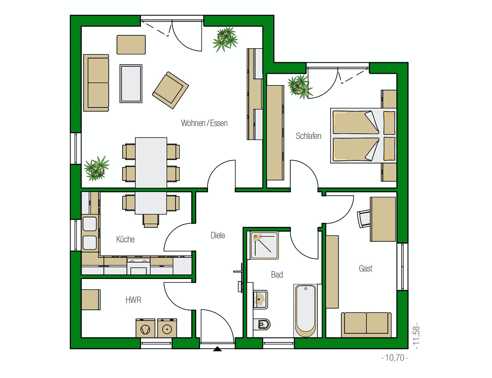 Massivhaus Rostock von HELMA MASSIVHAUS Schlüsselfertig ab 264100€, Bungalow Grundriss 1