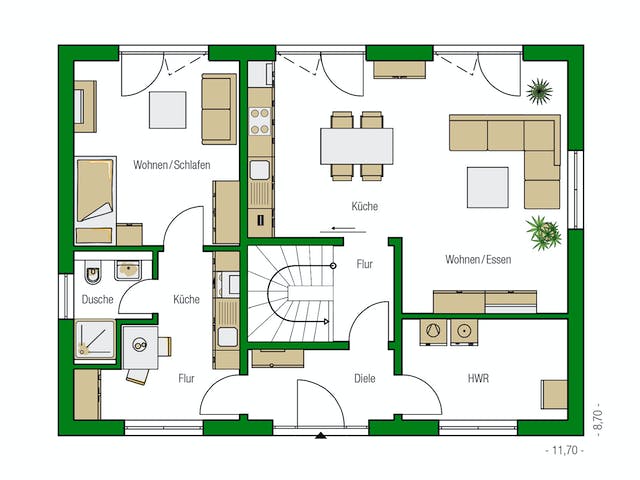 Massivhaus Trient mit ELW von HELMA MASSIVHAUS Schlüsselfertig ab 256400€, Satteldach-Klassiker Grundriss 1