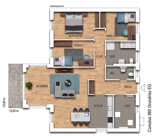 Massivhaus Cumulus 980 von Heinz von Heiden Schlüsselfertig ab 267363.25€, Bungalow Grundriss 1