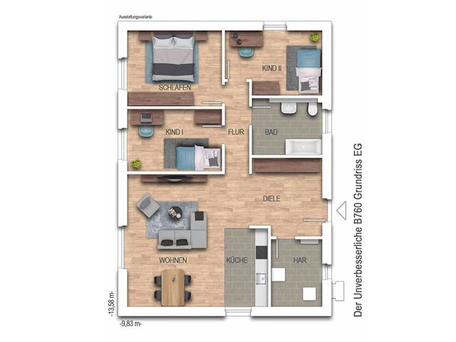 Massivhaus Der Unverbesserliche B760 von Heinz von Heiden Zentrale Schlüsselfertig ab 207515€, Bungalow Grundriss 1