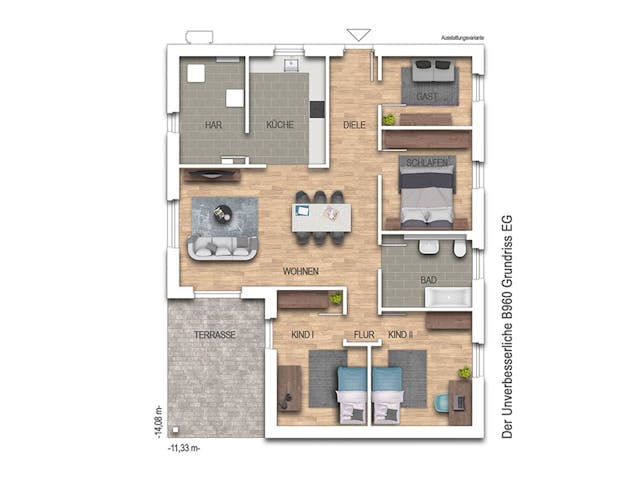 Massivhaus Der Unverbesserliche B960 von Heinz von Heiden Zentrale Schlüsselfertig ab 224680€, Bungalow Grundriss 1