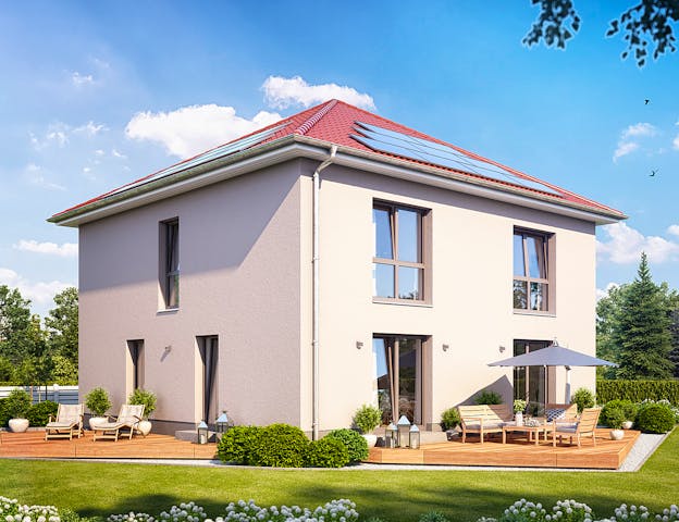 Großzügiges KfW 40 Massivhaus mit Erneuerbare Energien Standard als Stadtvilla mit Lüftungsanlage mit Wärmerückgewinnung, Wärmepumpe und PV-Anlage mit Stromspeicher von Heinz von Heiden.