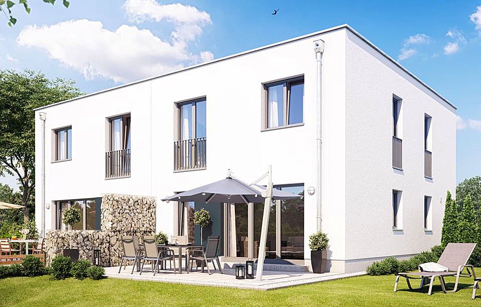 Massivhaus DOPPELHAUS 2F553 von HVO Massivhaus Schlüsselfertig ab 288620€, Cubushaus Außenansicht 1