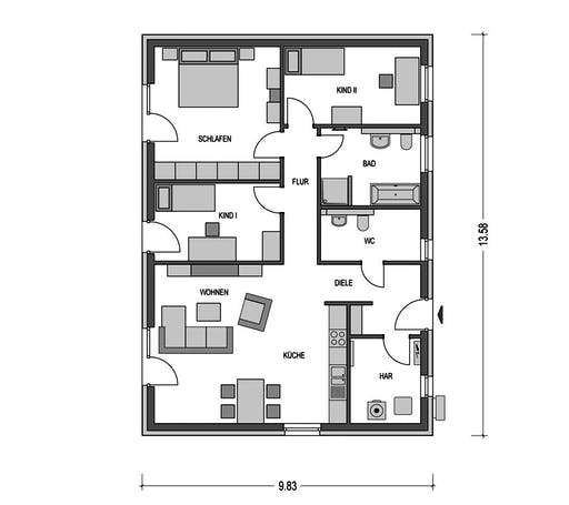 Massivhaus IDEAL 2760 von HVO Massivhaus Schlüsselfertig ab 243333€, Bungalow Grundriss 1