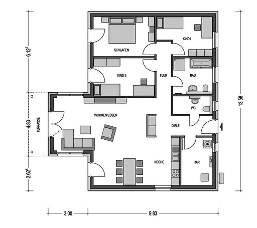 Massivhaus IDEAL 2980 von HVO Massivhaus Schlüsselfertig ab 269781€, Bungalow Grundriss 1