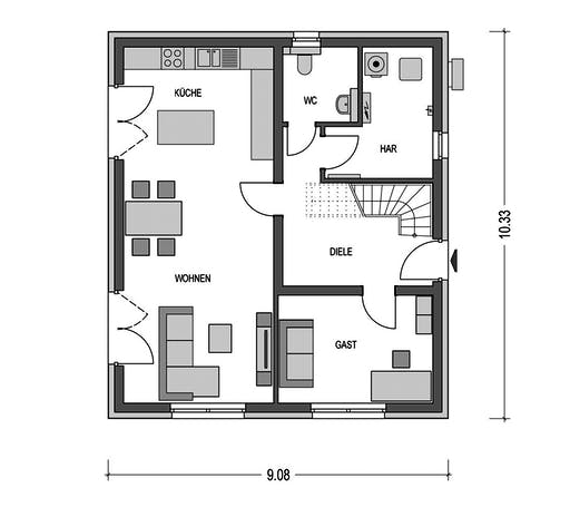 Massivhaus KLASSIK 2610 von HVO Massivhaus Schlüsselfertig ab 288538€, Satteldach-Klassiker Grundriss 1