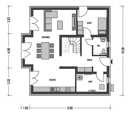 Massivhaus KLASSIK 2710 von HVO Massivhaus Schlüsselfertig ab 322909€, Satteldach-Klassiker Grundriss 1