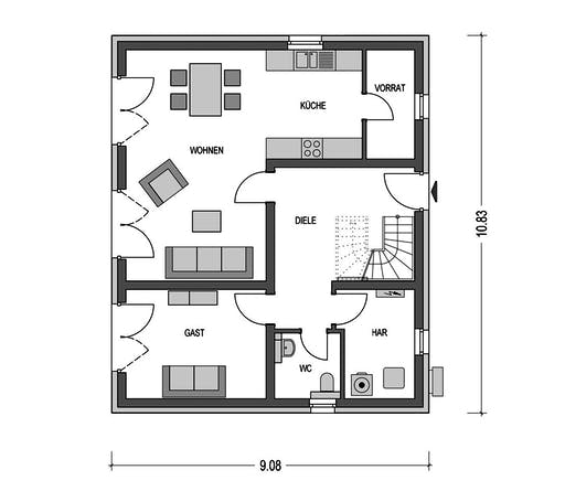 Massivhaus VARIANT 2620 von HVO Massivhaus Schlüsselfertig ab 319070€, Satteldach-Klassiker Grundriss 1