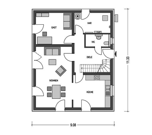 Massivhaus VARIANT 2630 von HVO Massivhaus Schlüsselfertig ab 316471€, Satteldach-Klassiker Grundriss 1