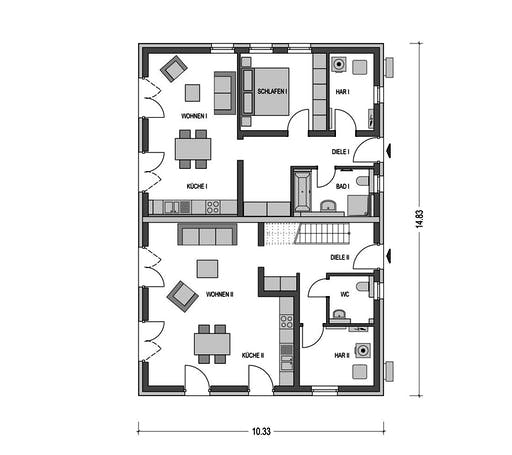 Massivhaus ZWEIFAMILIENHAUS 2880 von HVO Massivhaus Schlüsselfertig ab 457144€, Satteldach-Klassiker Grundriss 1