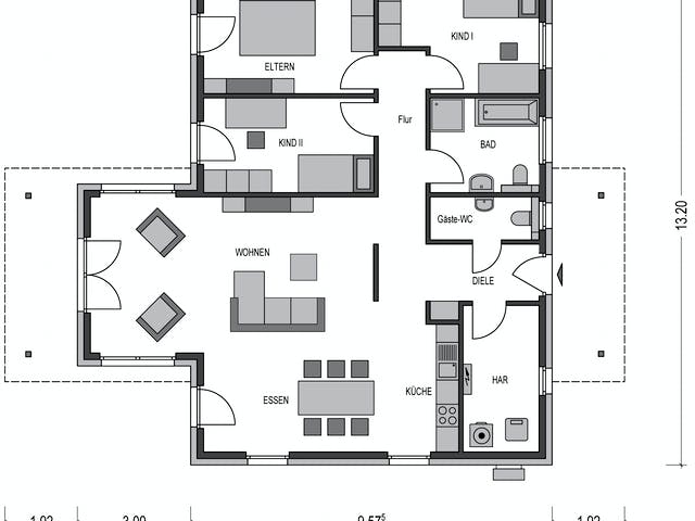 Massivhaus Ideal 2000.2 von Deutsche Bauwelten Schlüsselfertig ab 209863€, Bungalow Grundriss 1