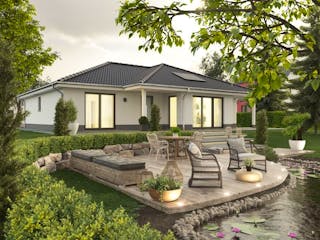 Massivhaus Bungalow 128 von Schmid-Haus Bausatzhaus ab 343460€, Bungalow Außenansicht 1