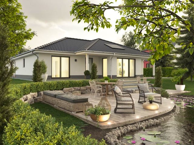Massivhaus Bungalow 128 von Schmid-Haus Bausatzhaus ab 343460€, Bungalow Außenansicht 1