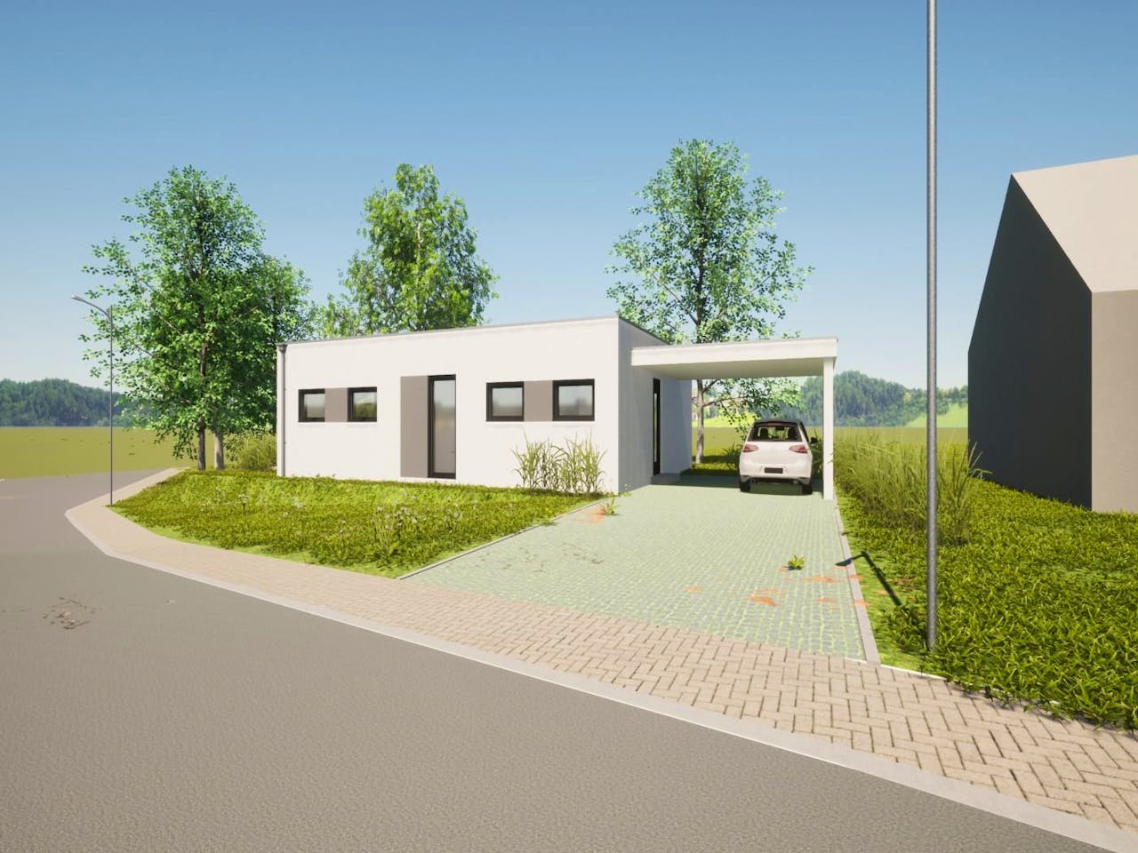 Fertighaus Jubiläumshaus Bungalow mit Flachdach von Holz & Dach Living Ausbauhaus ab 270000€, Bungalow Außenansicht 1