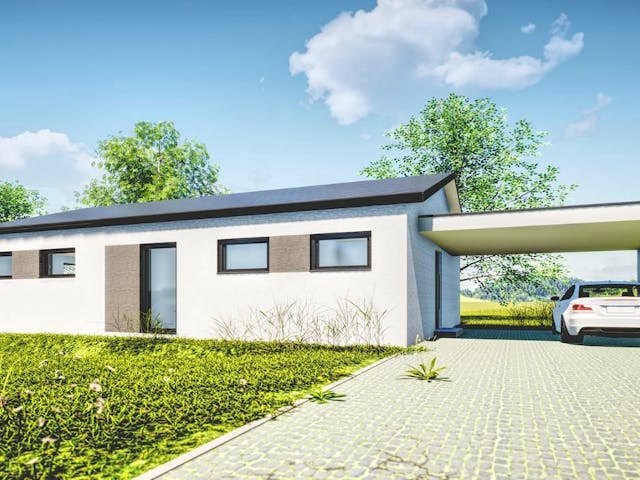 Fertighaus Jubiläumshaus Bungalow mit Satteldach von Holz & Dach Living Ausbauhaus ab 270000€, Bungalow Außenansicht 1