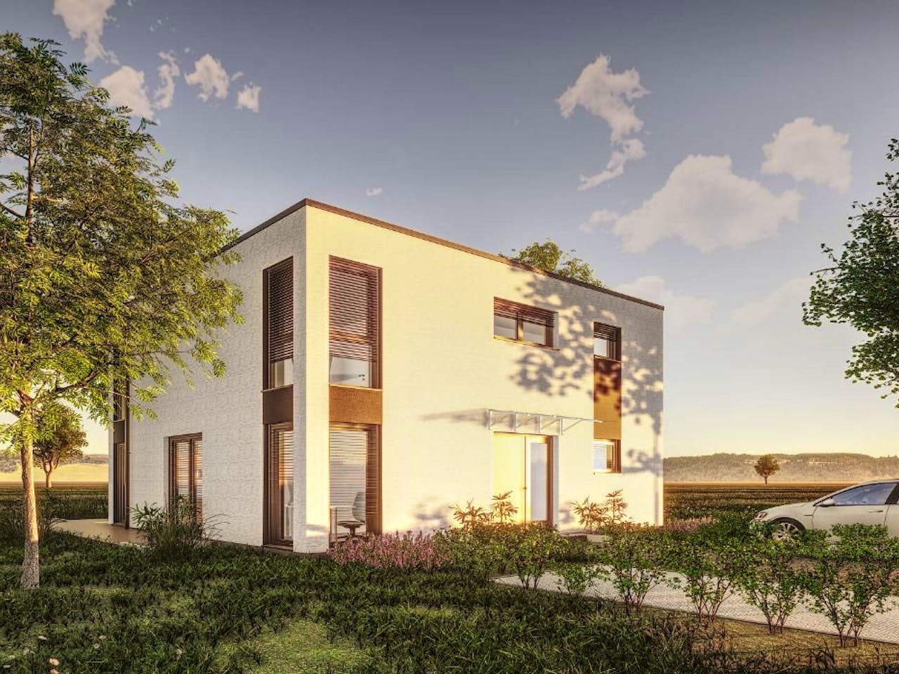 Fertighaus Jubiläumshaus Stadtvilla mit Flachdach von Holz & Dach Living Ausbauhaus ab 284499€, Stadtvilla Außenansicht 1