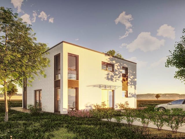 Fertighaus Jubiläumshaus Stadtvilla mit Flachdach von Holz & Dach Living Ausbauhaus ab 284499€, Stadtvilla Außenansicht 1