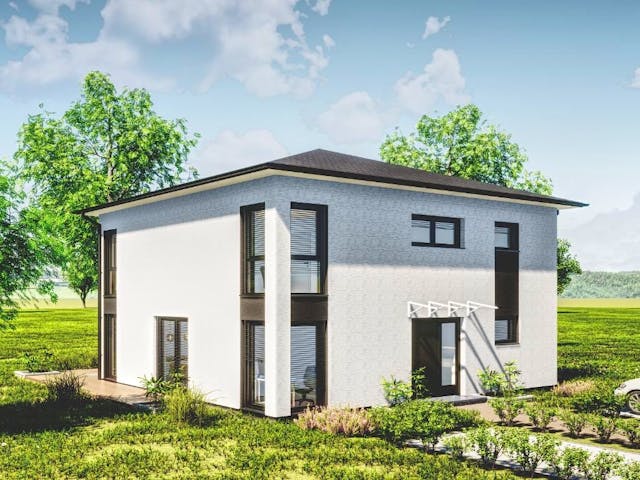 Fertighaus Jubiläumshaus Stadtvilla mit Zeltdach von Holz & Dach Living Ausbauhaus ab 284499€, Stadtvilla Außenansicht 1