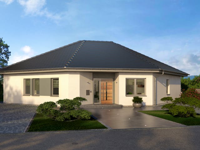 Fertighaus Musterhaus Kaarst Bungalow von OKAL Haus Schlüsselfertig ab 396900€,  Außenansicht 1