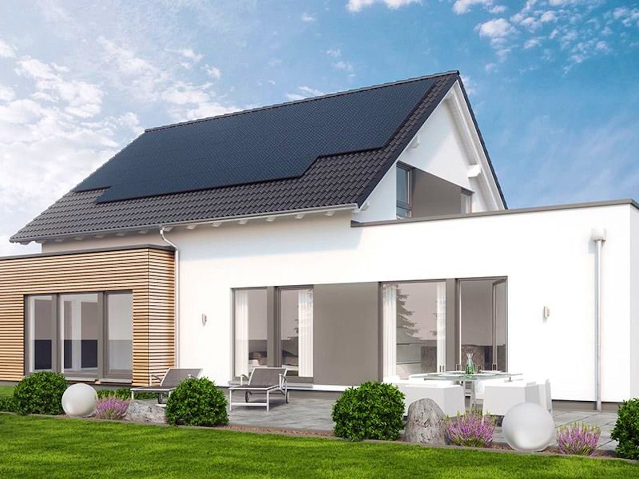 Fertighaus SOLUTION 183 V3 von Living Fertighaus Schlüsselfertig ab 478310€, Satteldach-Klassiker Außenansicht 1