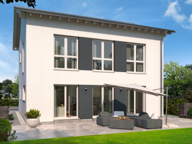 Fertighaus Stadtvilla 21 Satteldach von OKAL Haus Schlüsselfertig ab 478900€, Stadtvilla Außenansicht 1