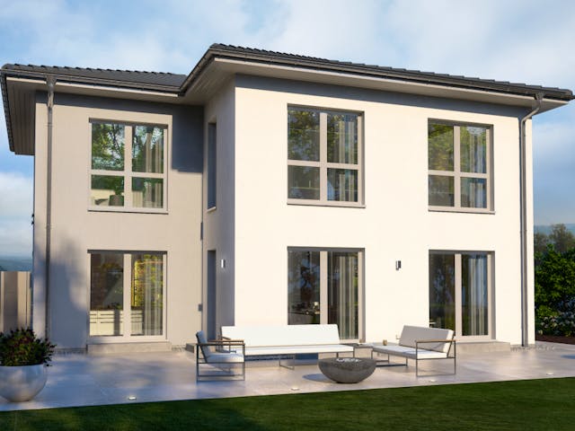 Fertighaus Stadtvilla 23 Walmdach von OKAL Haus Schlüsselfertig ab 518900€, Stadtvilla Außenansicht 1 Fertighaus Stadtvilla 23 Walmdach von OKAL Haus Schlüsselfertig ab 518900€, Stadtvilla Außenansicht 1