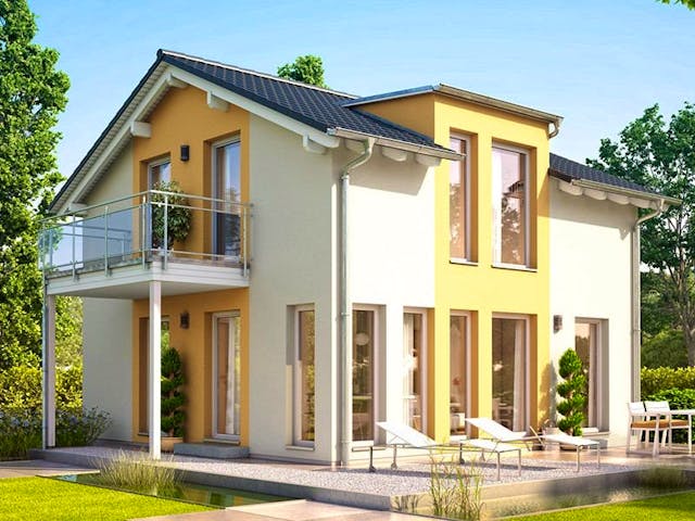 Fertighaus SUNSHINE 113 V4 von Living Fertighaus Schlüsselfertig ab 296744€, Satteldach-Klassiker Außenansicht 1