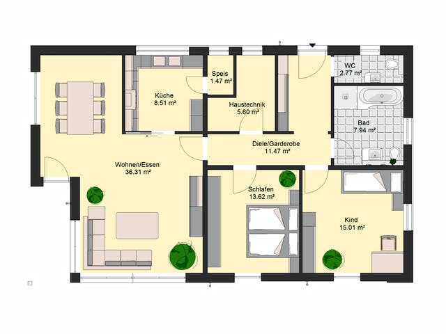 Massivhaus Avantgarde 125 von invivo haus Schlüsselfertig ab 409170€, Bungalow Grundriss 1