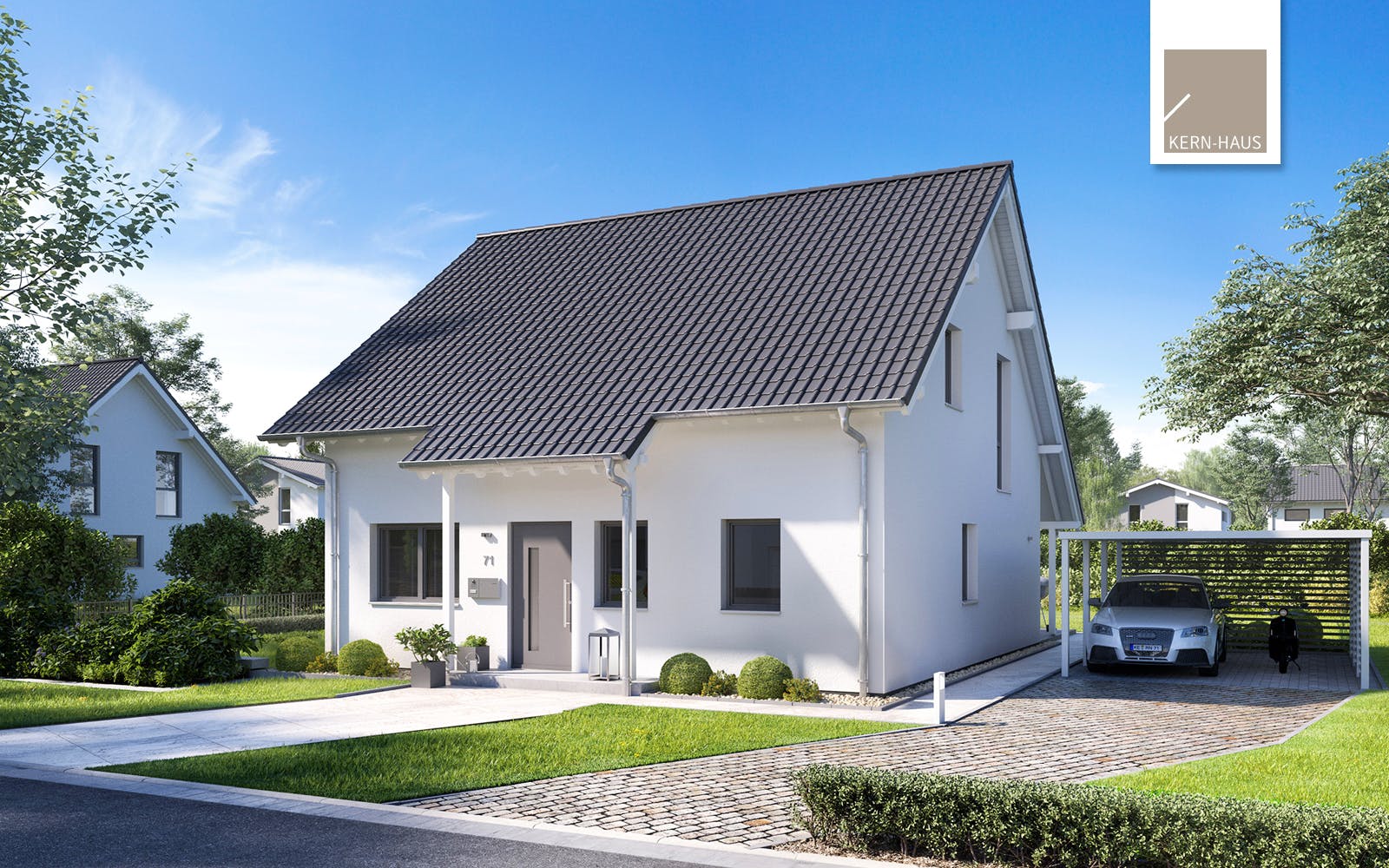 Massivhaus Familienhaus Jano von Kern-Haus Schlüsselfertig ab 404900€, Satteldach-Klassiker Außenansicht 1