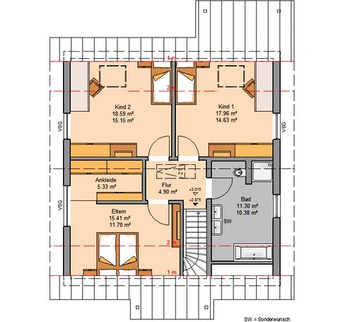 Massivhaus Architektenhaus Jano von Kern-Haus Schlüsselfertig ab 346900€, Satteldach-Klassiker Grundriss 2