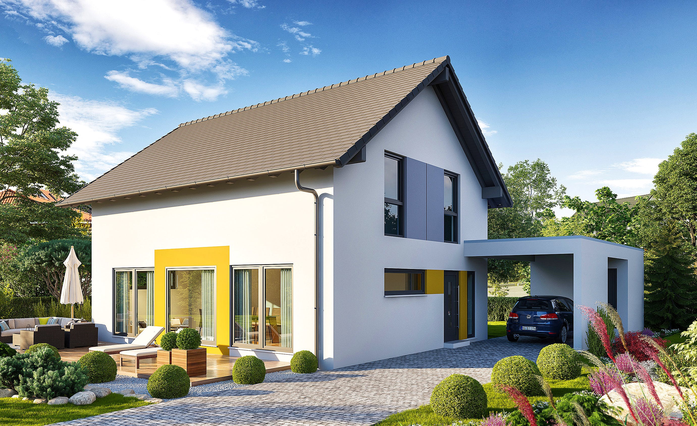 Fertighaus Jedermann Akzent von Büdenbender Hausbau Schlüsselfertig ab 319200€, Satteldach-Klassiker Außenansicht 1