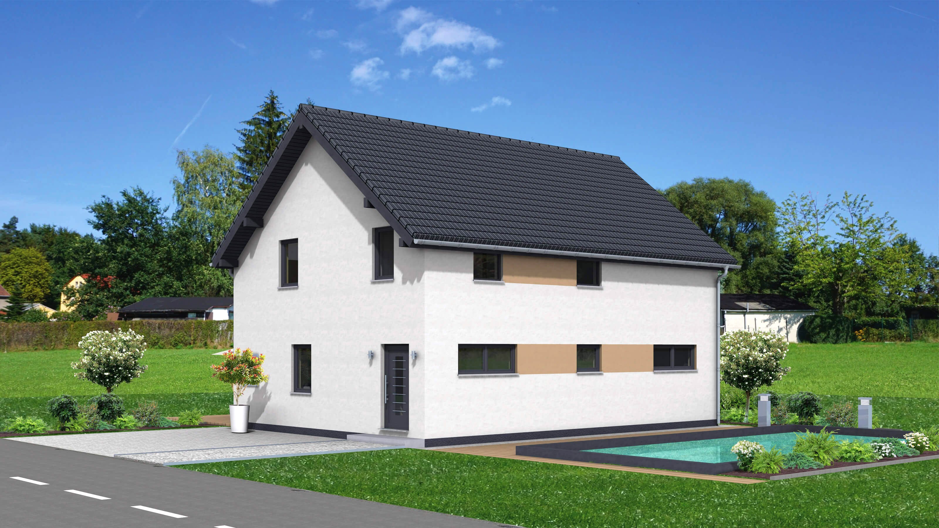 Fertighaus Junto 167 von FINGERHUT-HAUS Schlüsselfertig ab 517615€, Satteldach-Klassiker Außenansicht 1