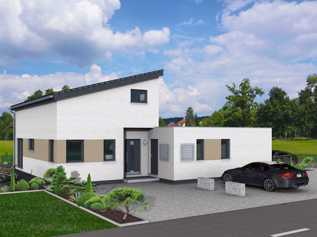 Fertighaus Junto 168 von Fingerhut Haus Schlüsselfertig ab 599262€, Pultdachhaus Außenansicht 1 Fertighaus Junto 168 von Fingerhut Haus Schlüsselfertig ab 599262€, Pultdachhaus Außenansicht 1