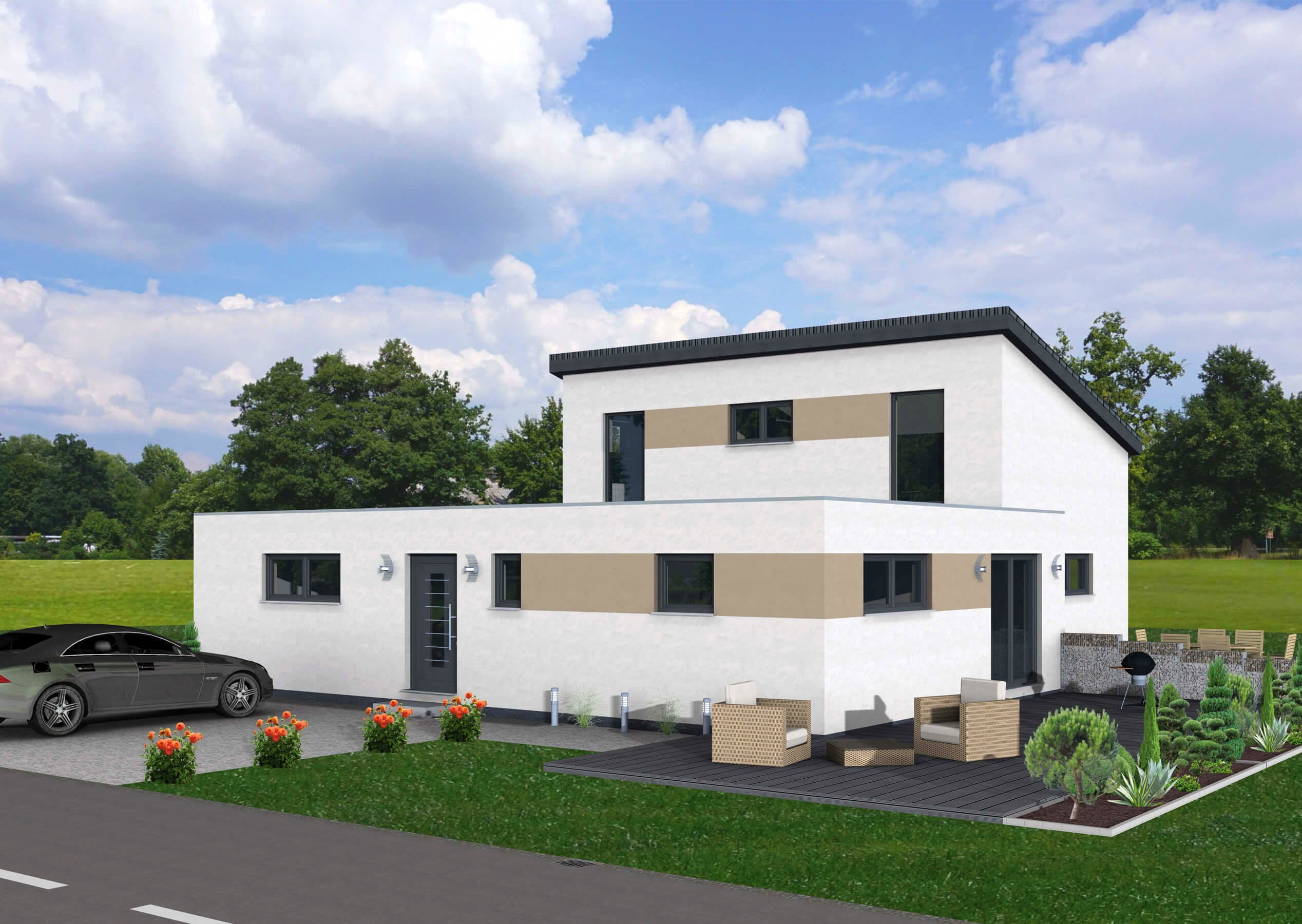 Fertighaus Junto 168 von FINGERHUT-HAUS Schlüsselfertig ab 602446€, Pultdachhaus Außenansicht 2