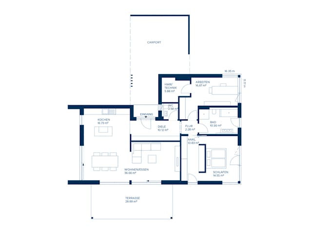 Fertighaus Concept 1 von KAMPA Schlüsselfertig ab 585975€, Bungalow Grundriss 1 Fertighaus Concept 1 von KAMPA Schlüsselfertig ab 585975€, Bungalow Grundriss 1