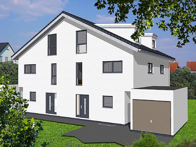 Fertighaus Doppelhaushälfte Satteldach von KAMPA Schlüsselfertig ab 500000€, Satteldach-Klassiker Außenansicht 1