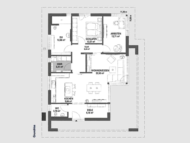 Fertighaus Edition Haus No. 6 von KAMPA Schlüsselfertig ab 470948€, Bungalow Grundriss 1