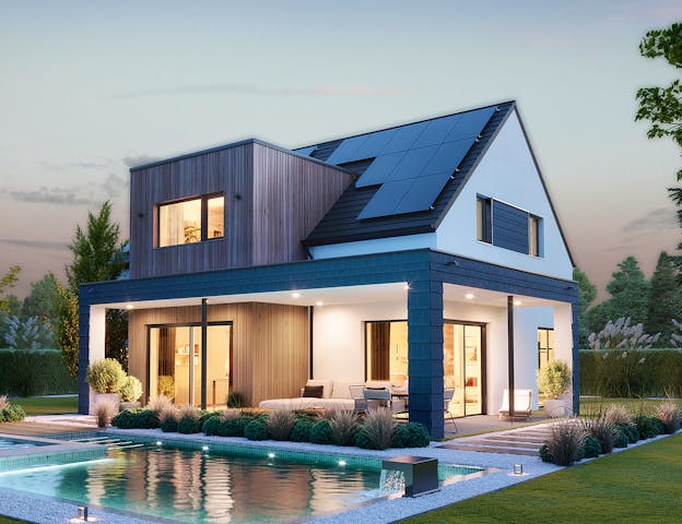 Moderne Interpretation der Schwarzwald-Architektur: Das hochenergieeffiziente Fertighaus des Anbieters KAMPA aus Ba-Wü greift die traditionelle dunkle Holzschindel-Fassade mit klarer Formensprache und aktueller Materialwahl auf.