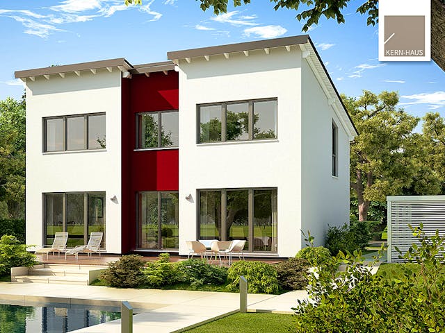Massivhaus Familienhaus Vio Plus von Kern-Haus Schlüsselfertig ab 386900€, Pultdachhaus Außenansicht 1 Massivhaus Familienhaus Vio Plus von Kern-Haus Schlüsselfertig ab 386900€, Pultdachhaus Außenansicht 1
