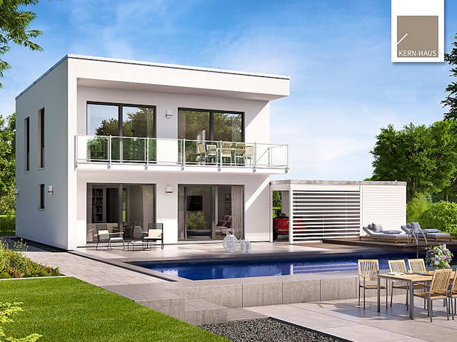 Massivhaus Bauhaus Novum P von Kern-Haus Schlüsselfertig ab 377900€, Cubushaus Außenansicht 1 Massivhaus Bauhaus Novum P von Kern-Haus Schlüsselfertig ab 377900€, Cubushaus Außenansicht 1