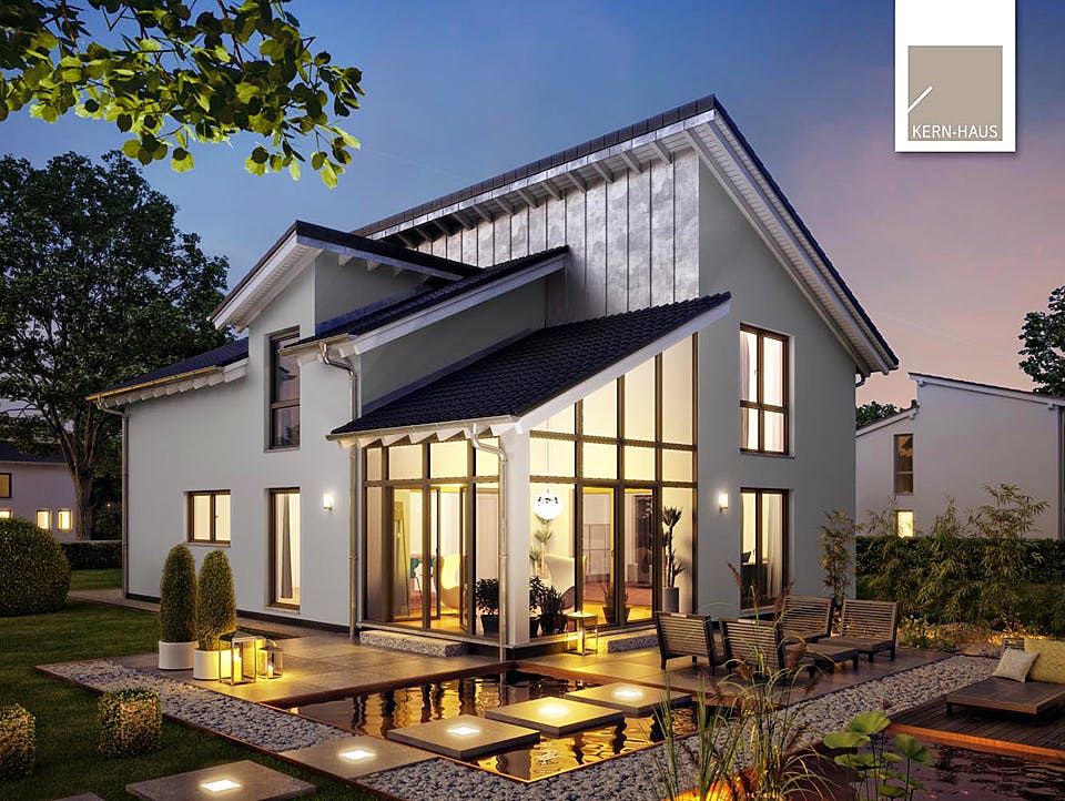 Massivhaus Familienhaus Akzent von Kern-Haus Schlüsselfertig ab 556900€, Pultdachhaus Außenansicht 1