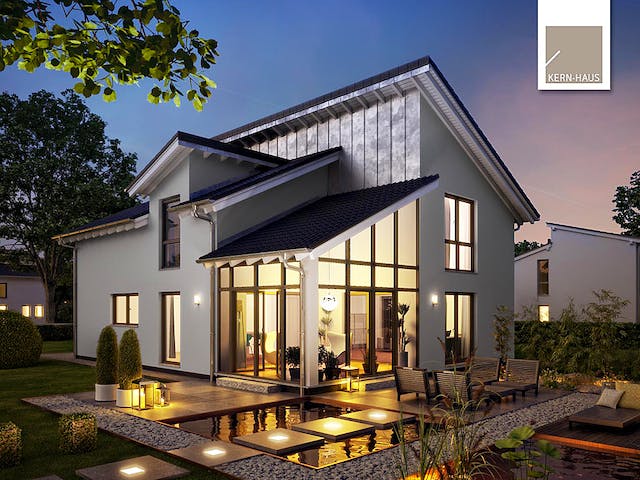 Massivhaus Familienhaus Akzent von Kern-Haus Schlüsselfertig ab 525900€, Pultdachhaus Außenansicht 1